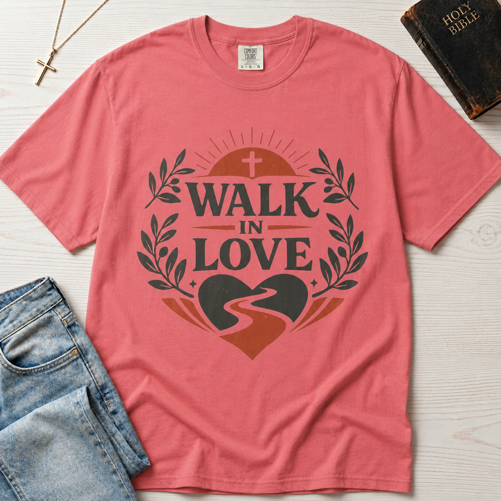 Walk in Love Christian t-shirt in bright salmon pink, garment-dyed faith tee with cross, sunburst and winding-path heart design, flat lay with denim and Bible.