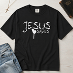 Jesus Saves Christian t-shirt in deep Graphite gray, hand-painted white brushstroke faith lettering with small heart accent on garment-dyed cotton tee.