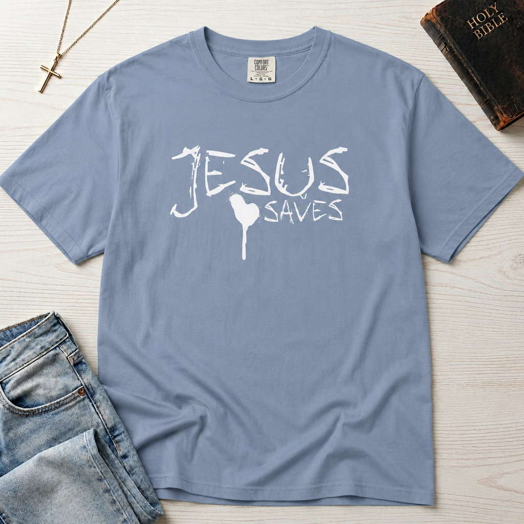 Jesus Saves Christian t-shirt in dusty Blue Jean, hand-painted white brushstroke 'Jesus Saves' typography with small heart accent on garment-dyed cotton.
