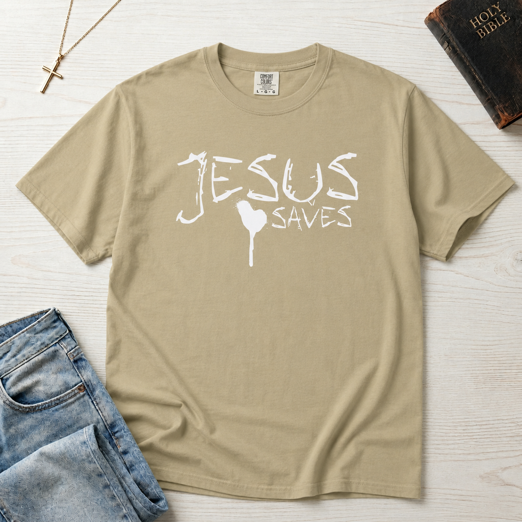 Jesus Saves Christian t-shirt in khaki sandstone, hand-painted white brushstroke lettering with heart accent, styled flat lay with denim and Bible.