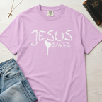 Jesus Saves Christian t-shirt in soft lavender Orchid, hand-painted white brushstroke faith lettering with small heart accent on garment-dyed cotton tee.