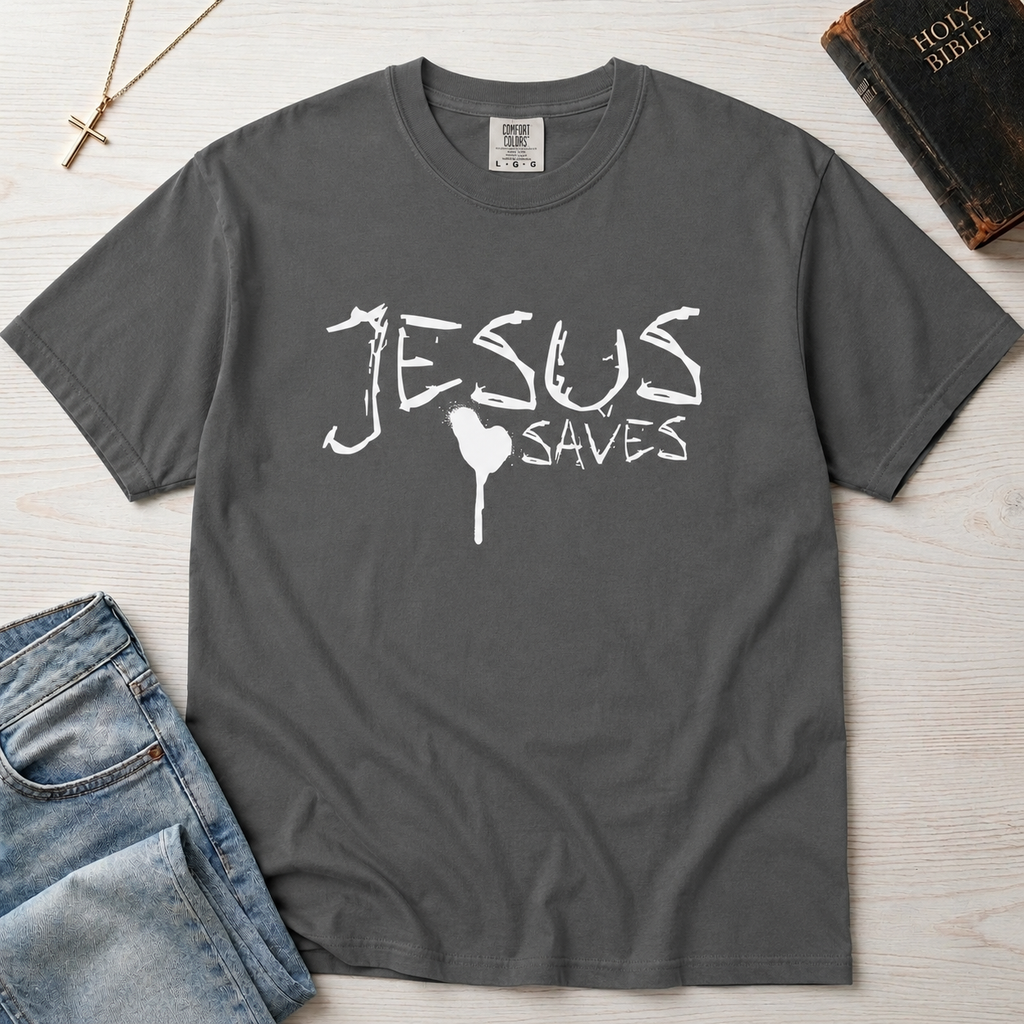 Jesus Saves Christian t-shirt in medium Granite gray, hand-painted white brushstroke 'Jesus Saves' graphic with small heart underneath on garment-dyed tee.