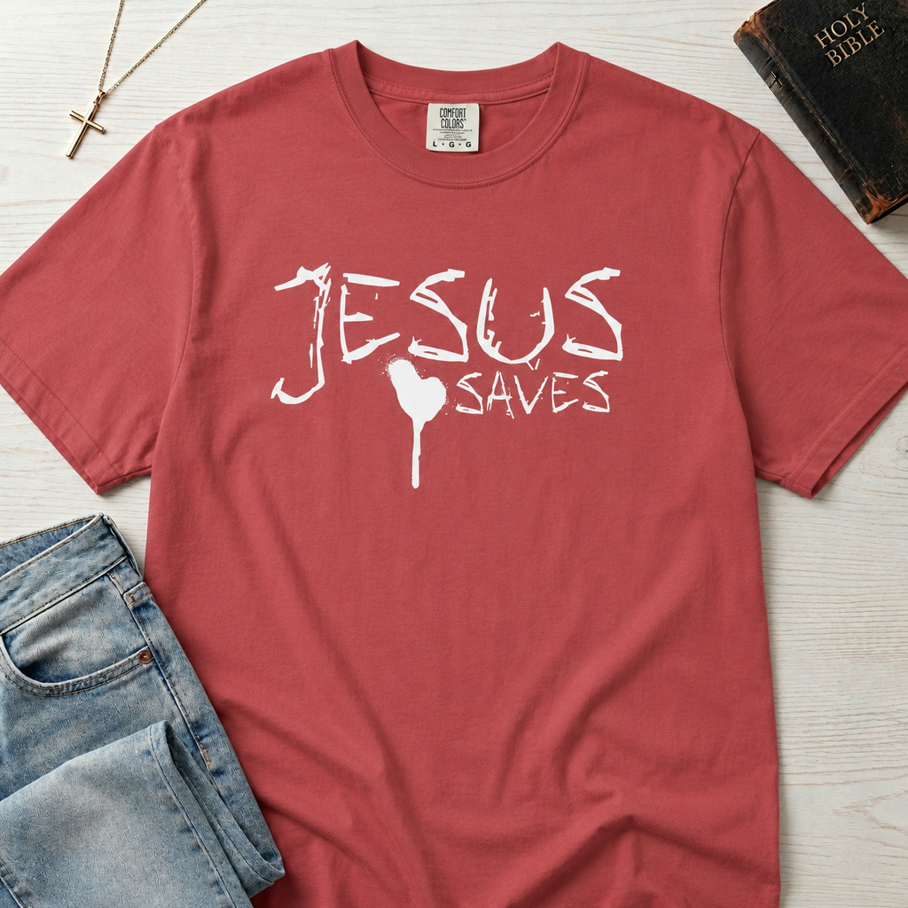 Jesus Saves Christian t-shirt in warm coral Watermelon, hand-painted white brushstroke 'Jesus Saves' typography with heart accent on garment-dyed cotton tee.