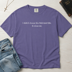 Reformed Life Christian t-shirt in periwinkle, garment-dyed cotton tee with minimal centered script 'I didn't choose the Reformed life. It chose me.'