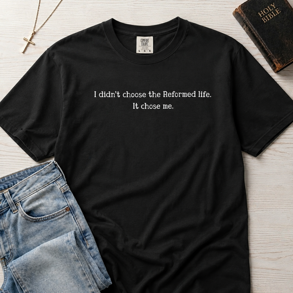 Reformed Life Christian t-shirt in graphite gray, garment-dyed cotton tee with minimal centered script 'I didn't choose the Reformed life. It chose me.'