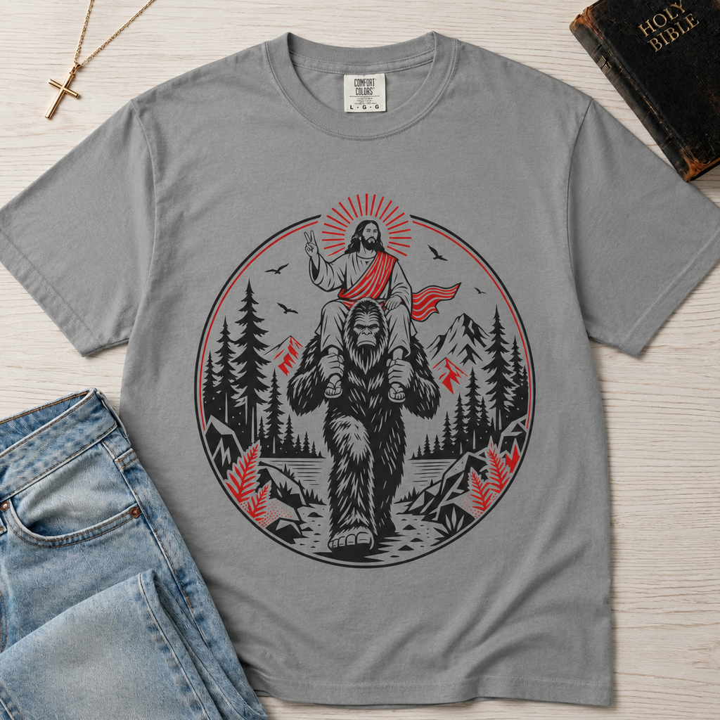Bigfoot & Jesus Christian t-shirt in light gray; circular forest emblem of Jesus riding on Bigfoot's shoulders among pines with a sunburst halo.