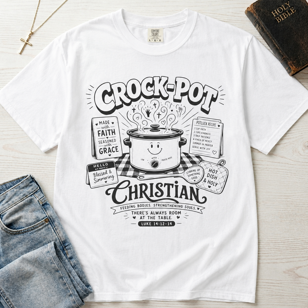 Crock-Pot Christian t-shirt in white, garment-dyed tee; retro graphic of a smiling slow cooker with 'faith' and 'grace' banners.