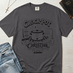 Crock-Pot Christian t-shirt in graphite gray, garment-dyed tee; retro graphic of a smiling slow cooker with 'faith' and 'grace' banners.