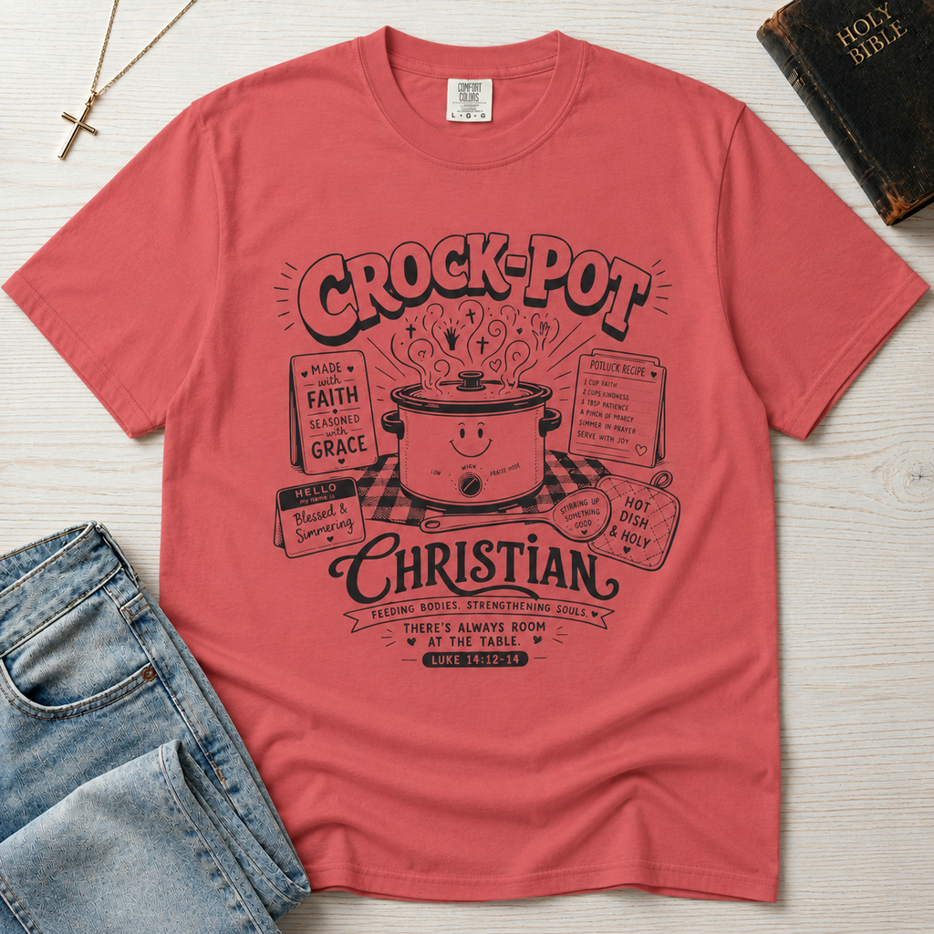 Crock-Pot Christian t-shirt in coral, garment-dyed tee; retro graphic of a smiling slow cooker with 'faith' and 'grace' banners.