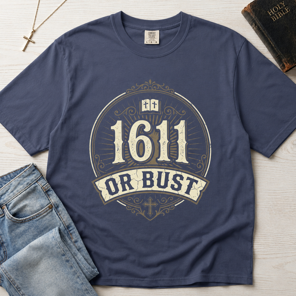 1611 Or Bust Christian t-shirt in steel blue; vintage badge with large '1611' over an 'Or Bust' banner, ornate frame with open Bible and cross.