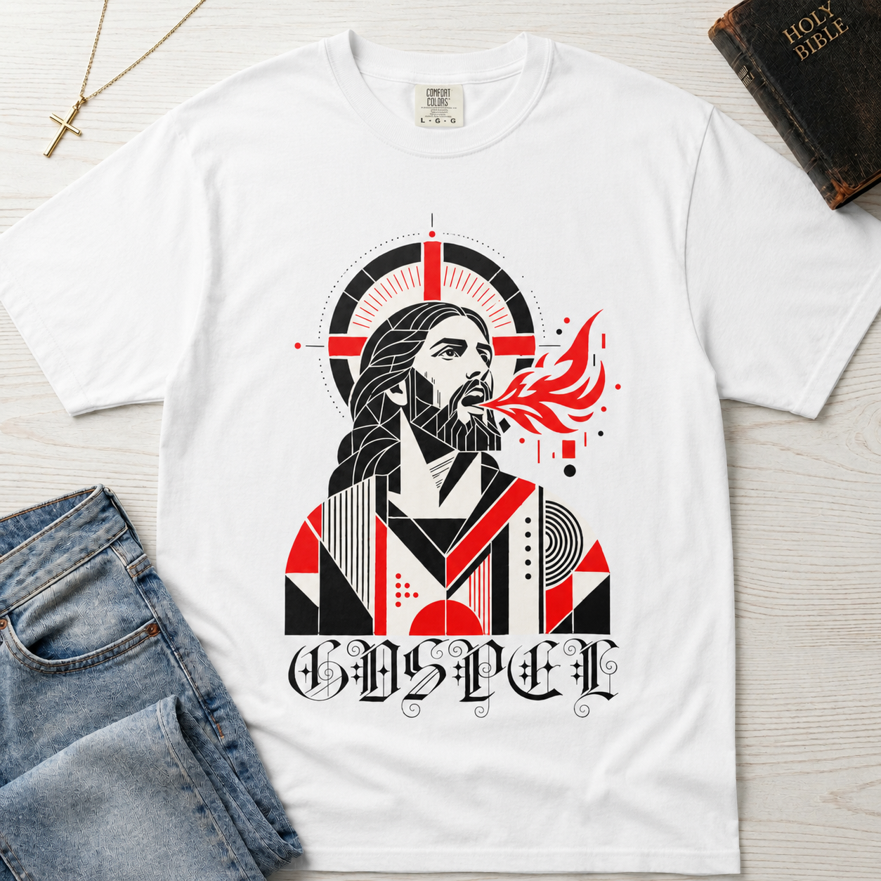 Gospel Christian t-shirt in white; geometric mid-century portrait of Jesus with a cross and red dove and gothic 'Gospel' lettering.
