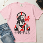 Gospel Christian t-shirt in light pink; geometric mid-century portrait of Jesus with a cross and red dove and gothic 'Gospel' lettering.