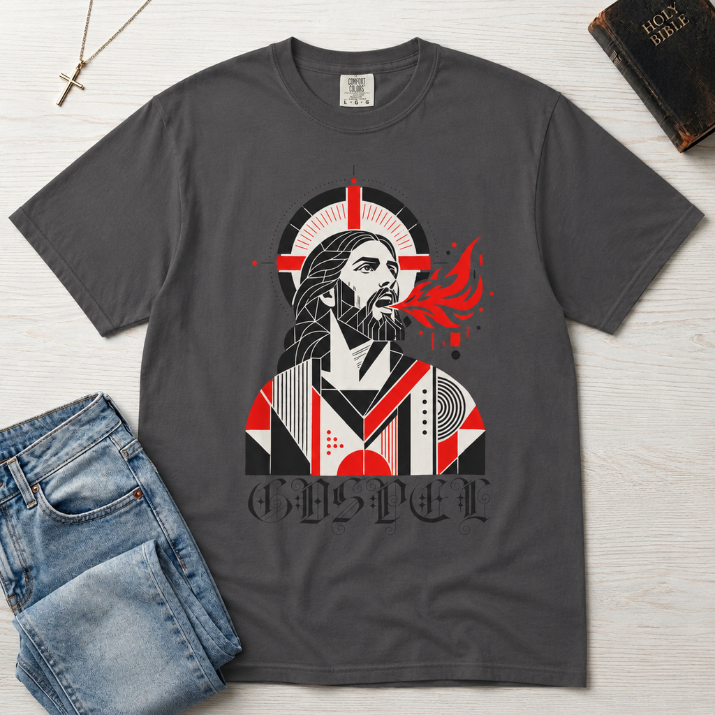 Gospel Christian t-shirt in graphite gray; geometric mid-century portrait of Jesus with a cross and red dove and gothic 'Gospel' lettering.