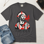 Gospel Christian t-shirt in graphite gray; geometric mid-century portrait of Jesus with a cross and red dove and gothic 'Gospel' lettering.