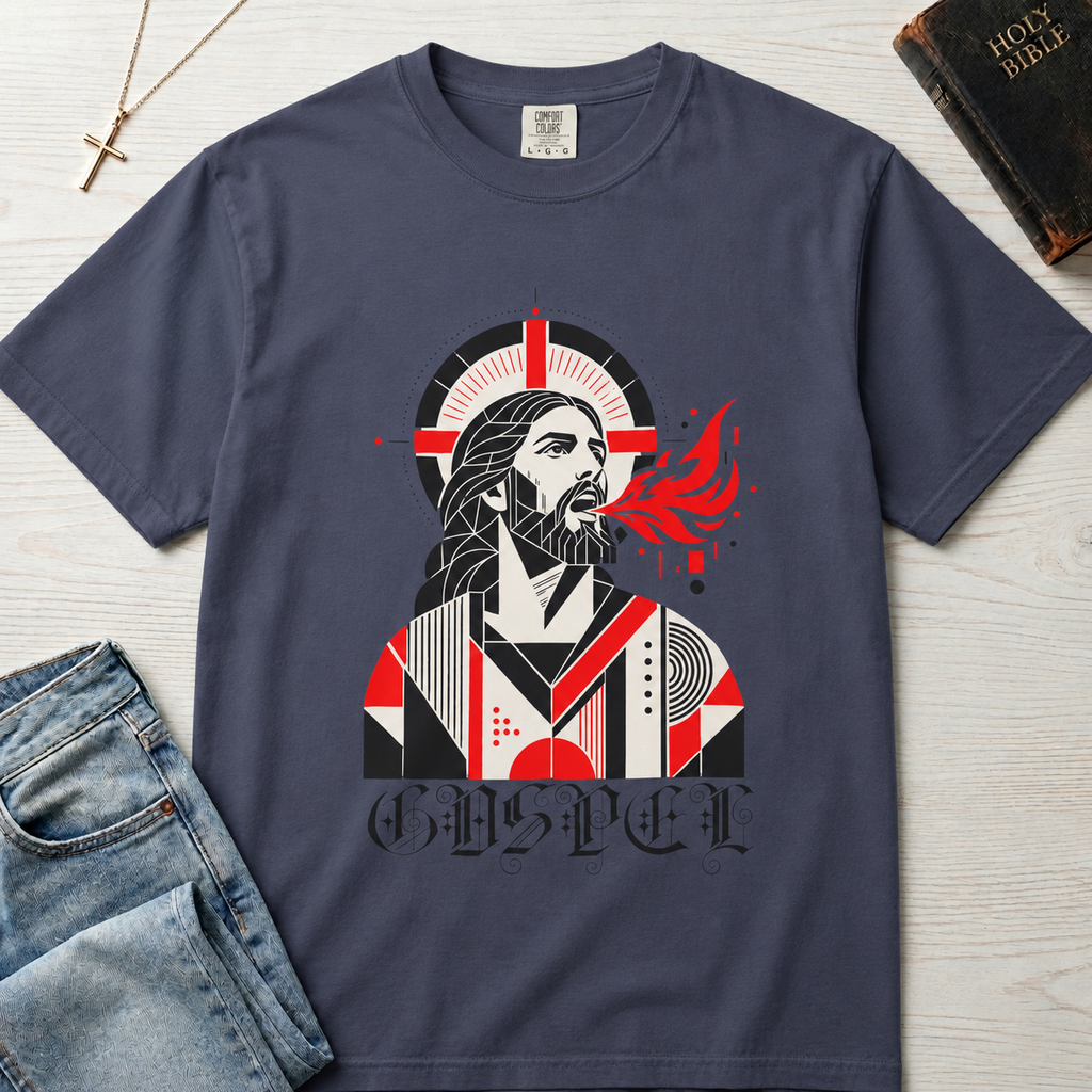 Gospel Christian t-shirt in slate blue; geometric mid-century portrait of Jesus with a cross and red dove and gothic 'Gospel' lettering.