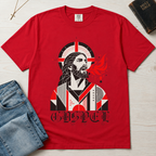 Gospel Christian t-shirt in red; geometric mid-century portrait of Jesus with a cross and red dove and gothic 'Gospel' lettering.