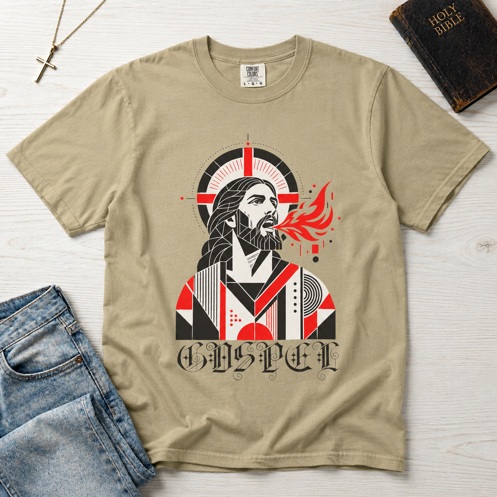 Gospel Christian t-shirt in tan sand; geometric mid-century portrait of Jesus with a cross and red dove and gothic 'Gospel' lettering.