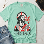 Gospel Christian t-shirt in mint green; geometric mid-century portrait of Jesus with a cross and red dove and gothic 'Gospel' lettering.