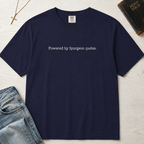 Powered by Spurgeon Quotes Christian t-shirt in slate blue, garment-dyed tee with minimal small centered text 'Powered by Spurgeon quotes'.