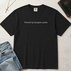 Powered by Spurgeon Quotes Christian t-shirt in graphite gray, garment-dyed tee with minimal small centered text 'Powered by Spurgeon quotes'.