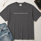 Powered by Spurgeon Quotes Christian t-shirt in gray, garment-dyed tee with minimal small centered text 'Powered by Spurgeon quotes'.