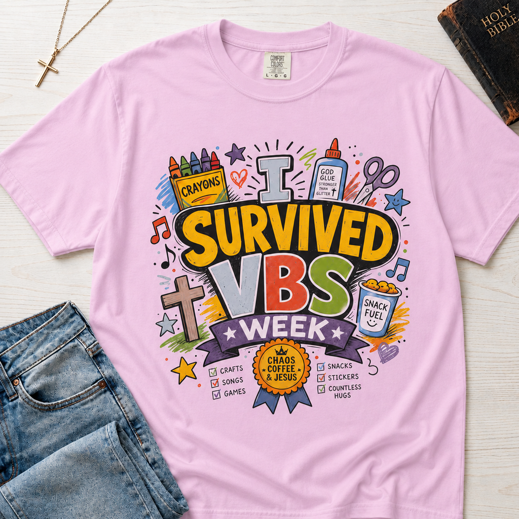 I Survived VBS Week Christian t-shirt in light pink; playful graphic with crayons, cross, juice box, stars and an award ribbon, VBS souvenir tee.