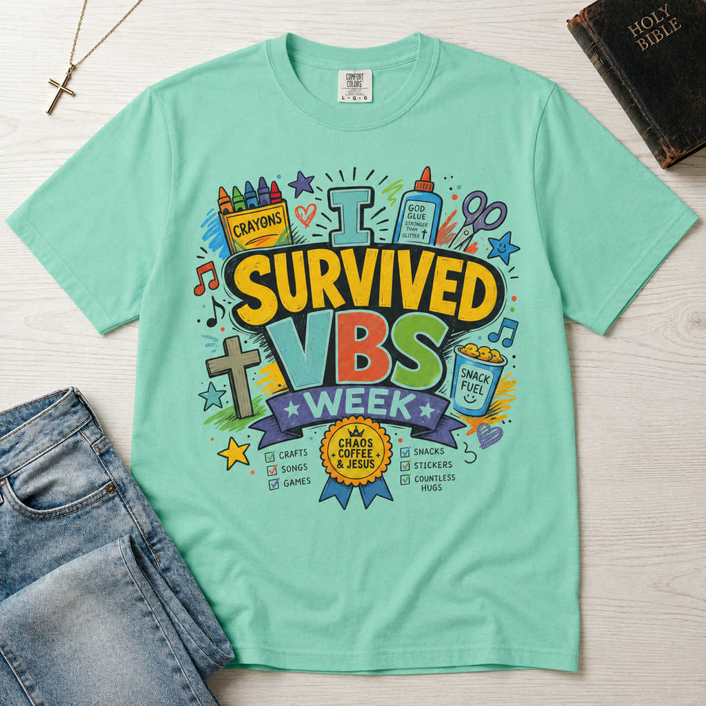 I Survived VBS Week Christian t-shirt in mint green; playful graphic with crayons, cross, juice box, stars and an award ribbon, VBS souvenir tee.