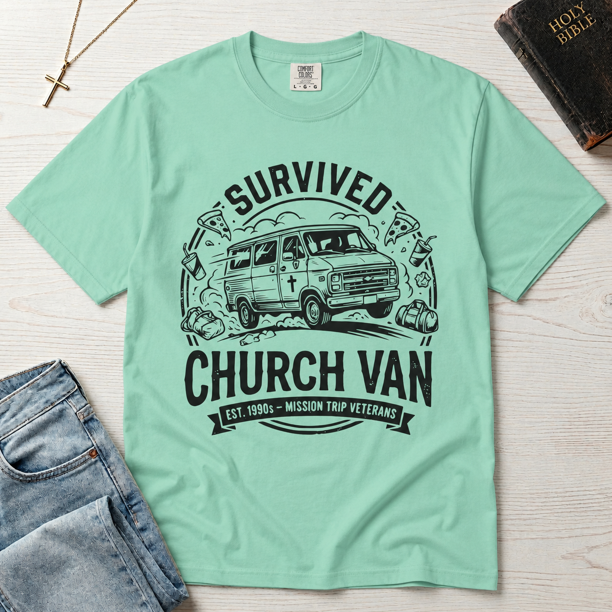 Survived Church Van T-Shirt — Mission Trip Veteran Retro Van Tee