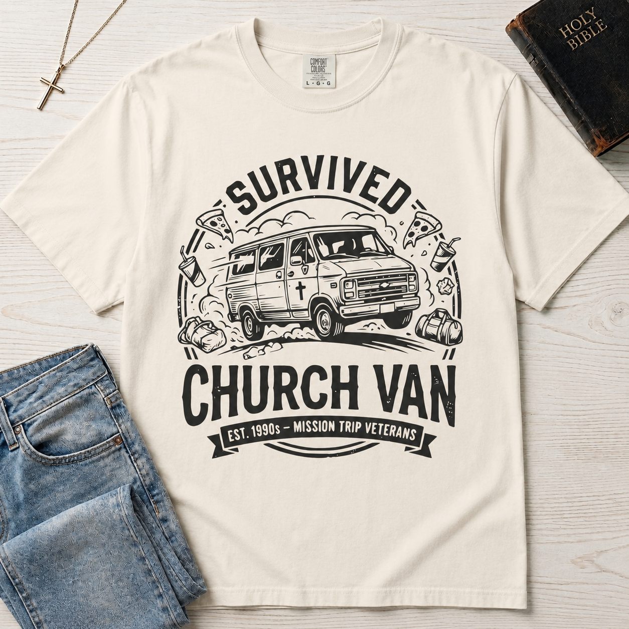 Survived Church Van T-Shirt — Mission Trip Veteran Retro Van Tee