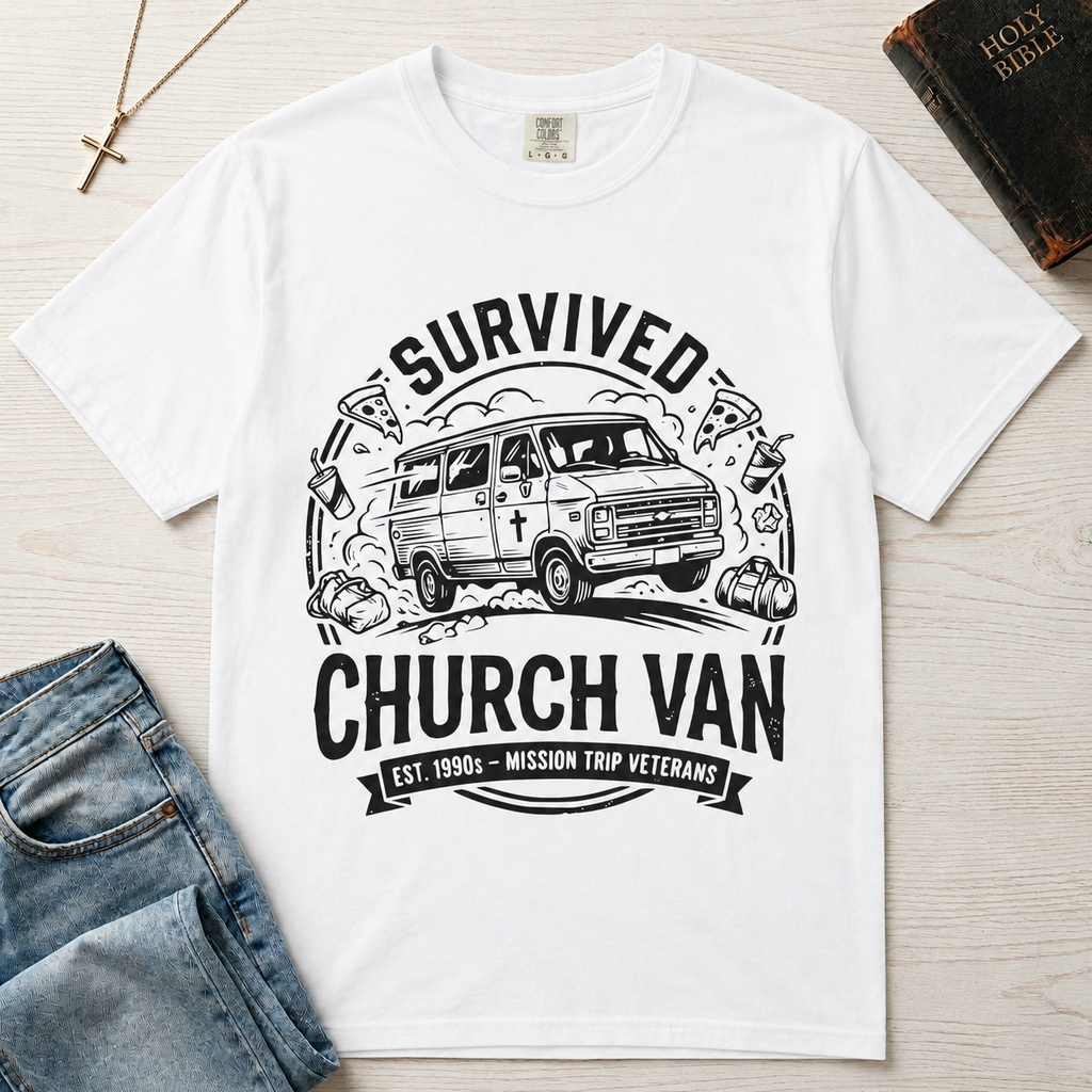 Survived Church Van T-Shirt — Mission Trip Veteran Retro Van Tee