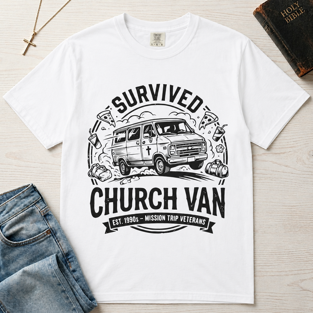 Survived Church Van T-Shirt — Mission Trip Veteran Retro Van Tee