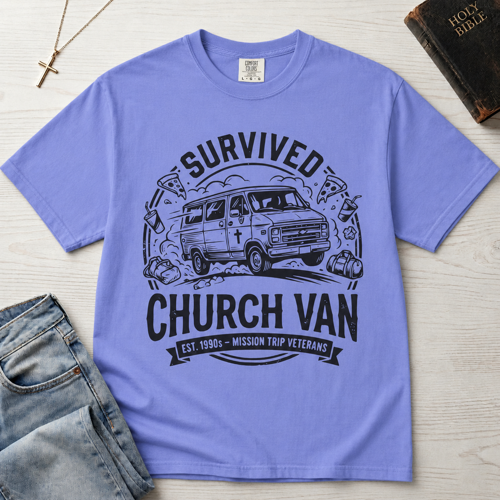 Survived Church Van T-Shirt — Mission Trip Veteran Retro Van Tee