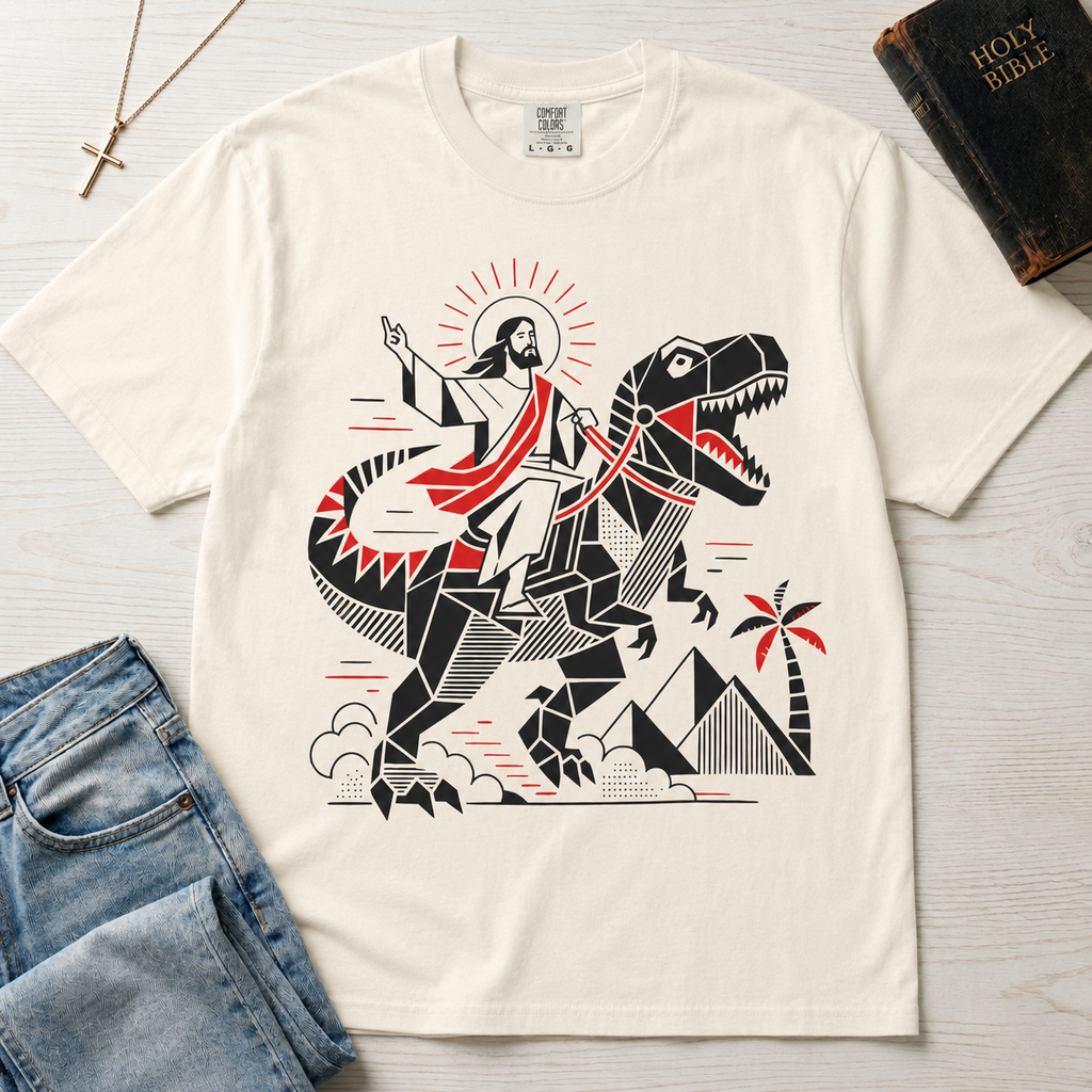 T-Shirt — 'Jesus Riding a Dinosaur' Graphic Tee (Retro Geometric Faith Design)