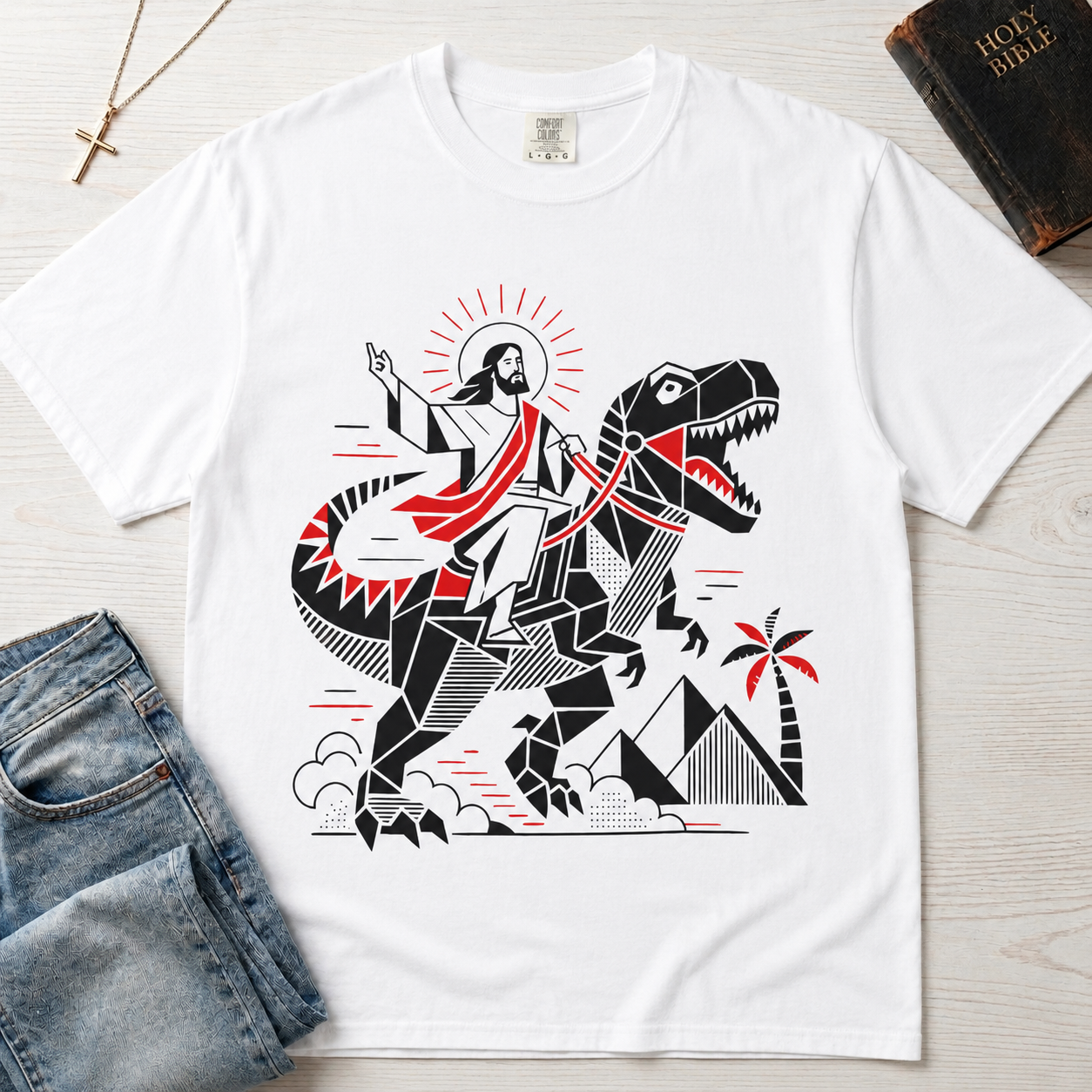 T-Shirt — 'Jesus Riding a Dinosaur' Graphic Tee (Retro Geometric Faith Design)