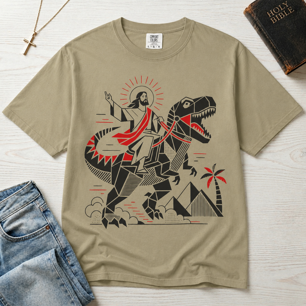 T-Shirt — 'Jesus Riding a Dinosaur' Graphic Tee (Retro Geometric Faith Design)