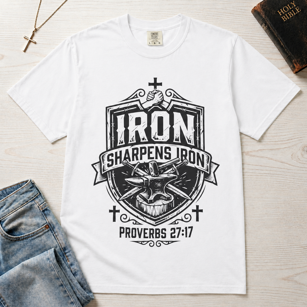 T-Shirt — "Iron Sharpens Iron" Proverbs 27:17 Christian Faith Graphic Tee