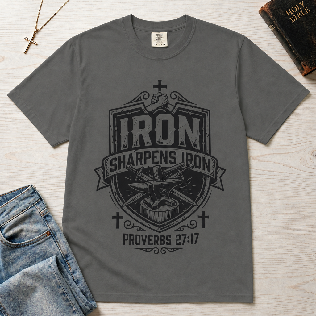 T-Shirt — "Iron Sharpens Iron" Proverbs 27:17 Christian Faith Graphic Tee