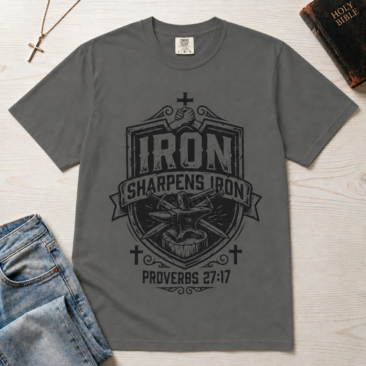 T-Shirt — "Iron Sharpens Iron" Proverbs 27:17 Christian Faith Graphic Tee