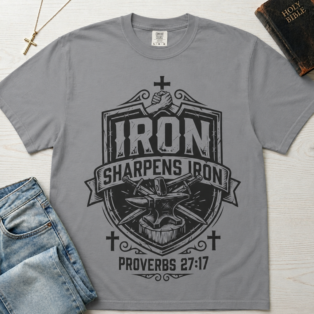T-Shirt — "Iron Sharpens Iron" Proverbs 27:17 Christian Faith Graphic Tee