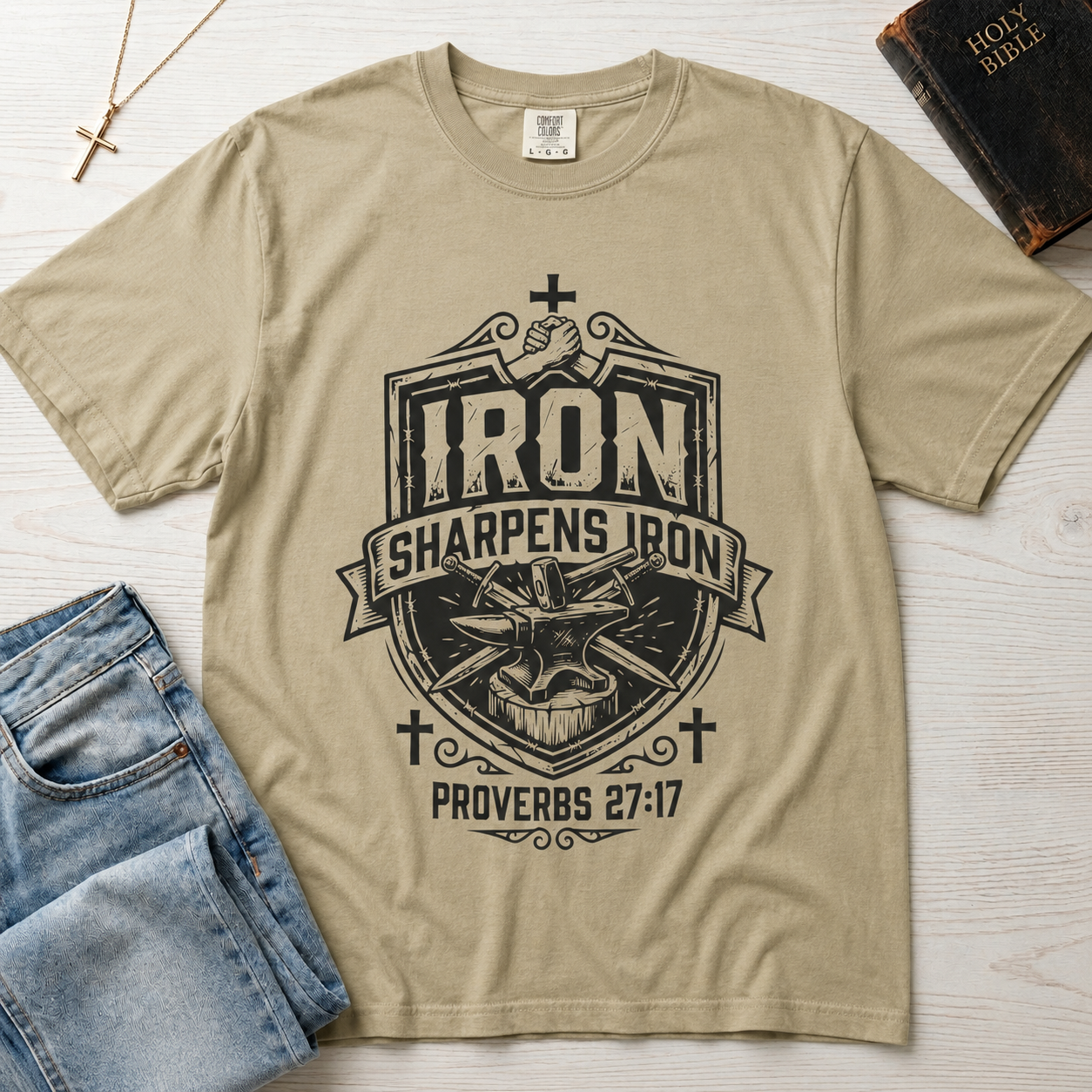T-Shirt — "Iron Sharpens Iron" Proverbs 27:17 Christian Faith Graphic Tee