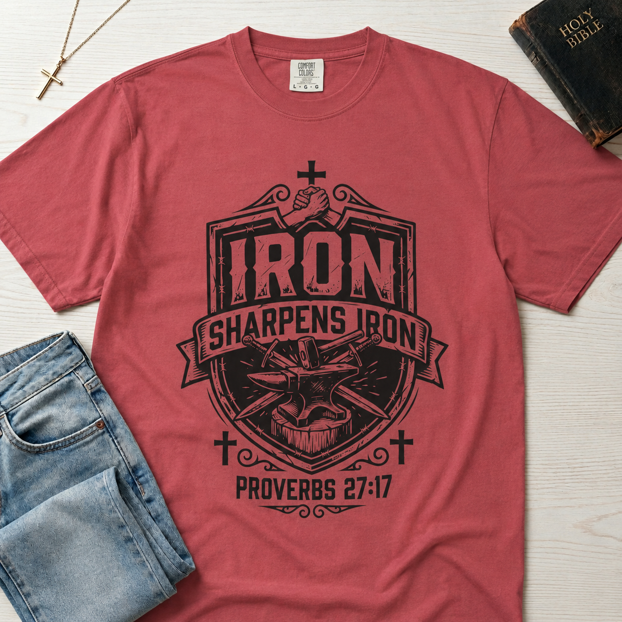 T-Shirt — "Iron Sharpens Iron" Proverbs 27:17 Christian Faith Graphic Tee