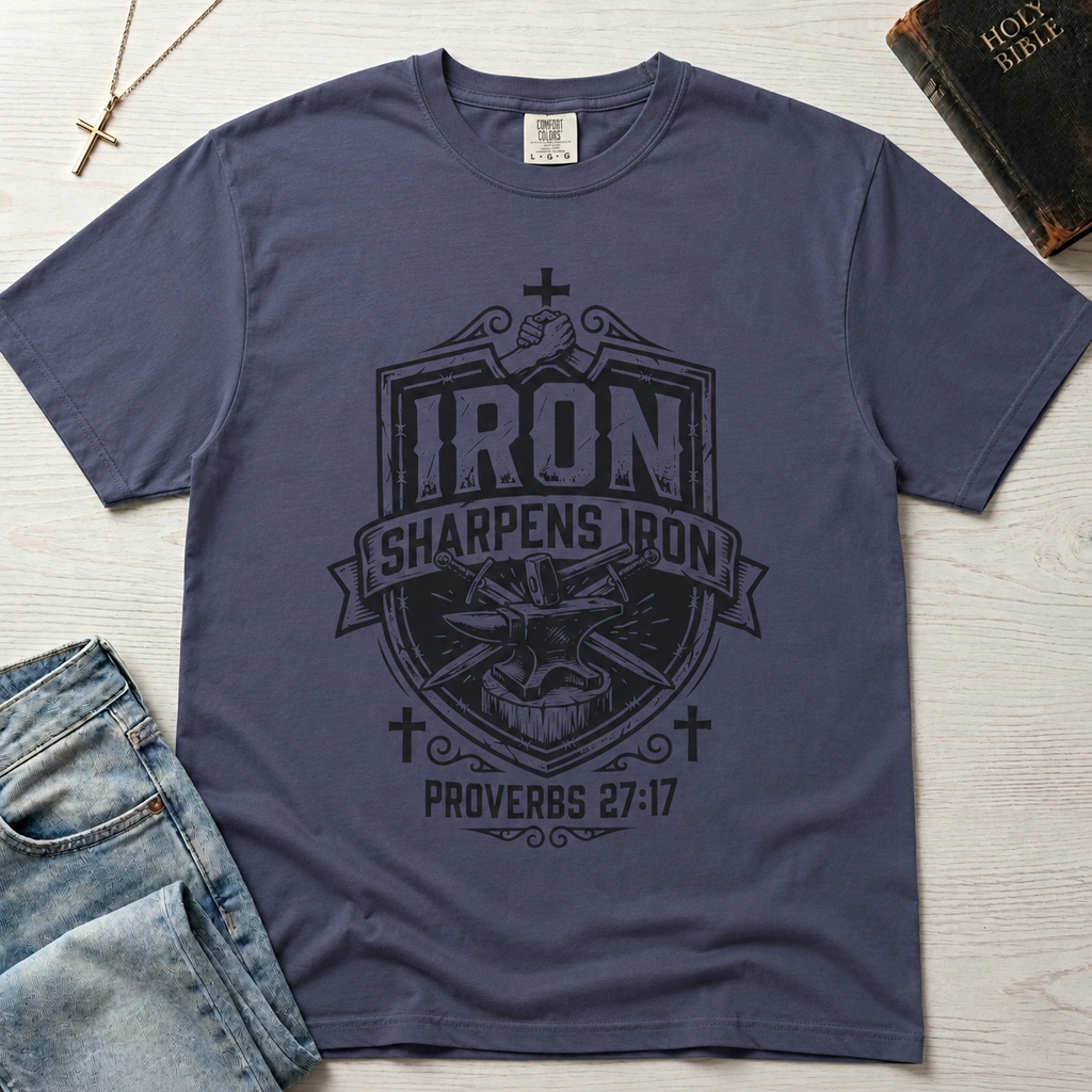 T-Shirt — "Iron Sharpens Iron" Proverbs 27:17 Christian Faith Graphic Tee