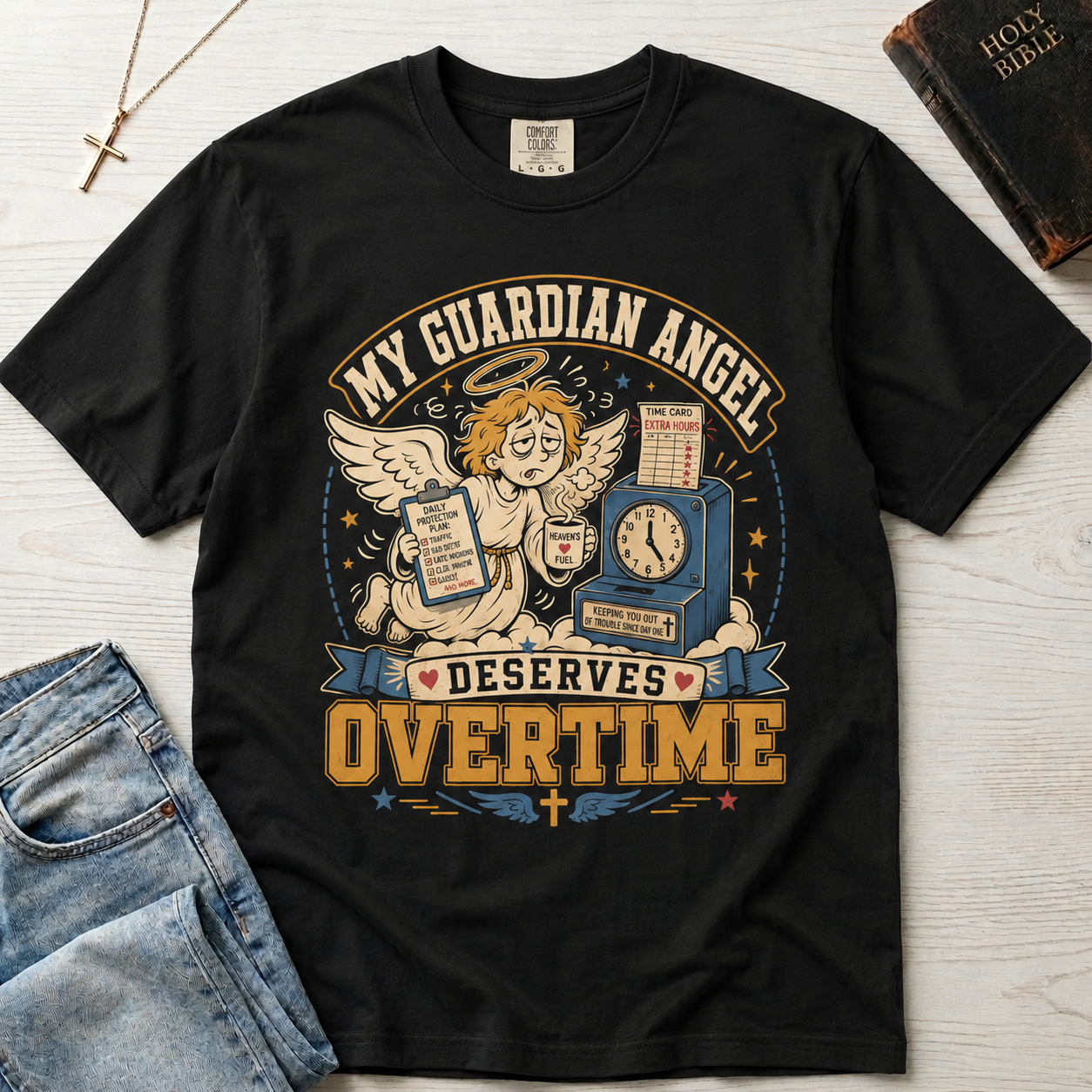 My Guardian Angel Deserves Overtime Memorial Tee - Funny T-Shirt