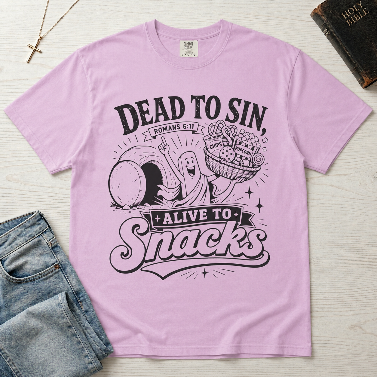 Dead to Sin, Alive to Snacks T-Shirt - Funny Graphic Tee