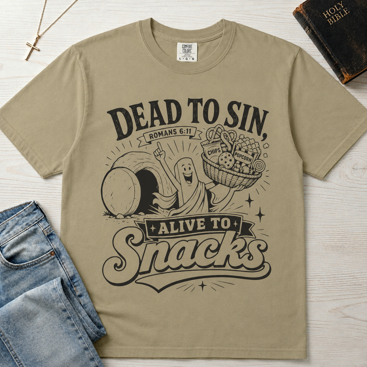 Dead to Sin, Alive to Snacks T-Shirt - Funny Graphic Tee