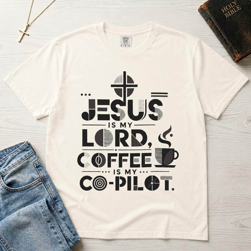 Jesus Is My Lord, Coffee Is My Co-Pilot Christian t-shirt in natural ivory, mid-century typography with coffee cup and cross, garment-dyed cotton tee.