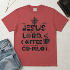 Jesus Is My Lord, Coffee Is My Co-Pilot Christian t-shirt in terracotta, mid-century typography with coffee cup and cross, garment-dyed cotton tee.