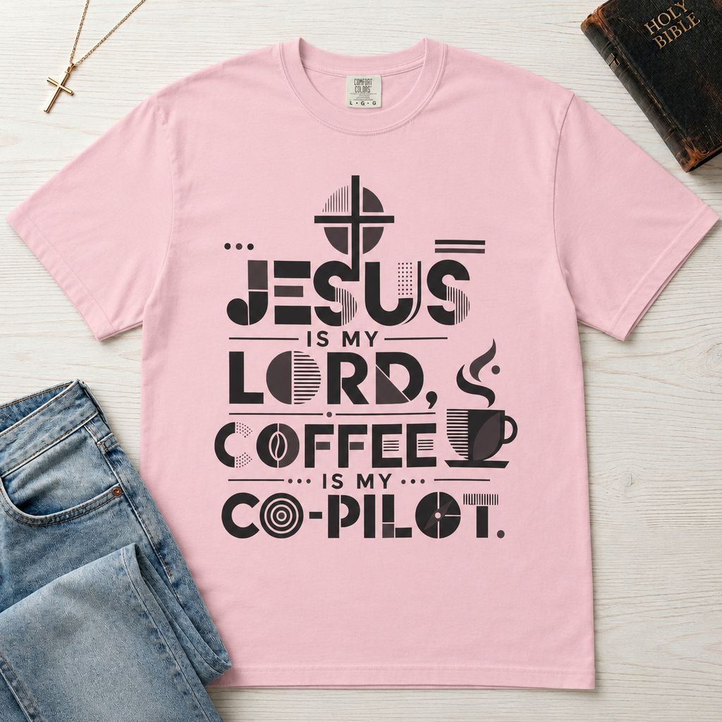 Jesus Is My Lord, Coffee Is My Co-Pilot Christian t-shirt in light pink, mid-century typography with coffee cup and cross, garment-dyed cotton tee.