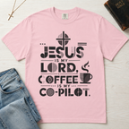 Jesus Is My Lord, Coffee Is My Co-Pilot Christian t-shirt in light pink, mid-century typography with coffee cup and cross, garment-dyed cotton tee.
