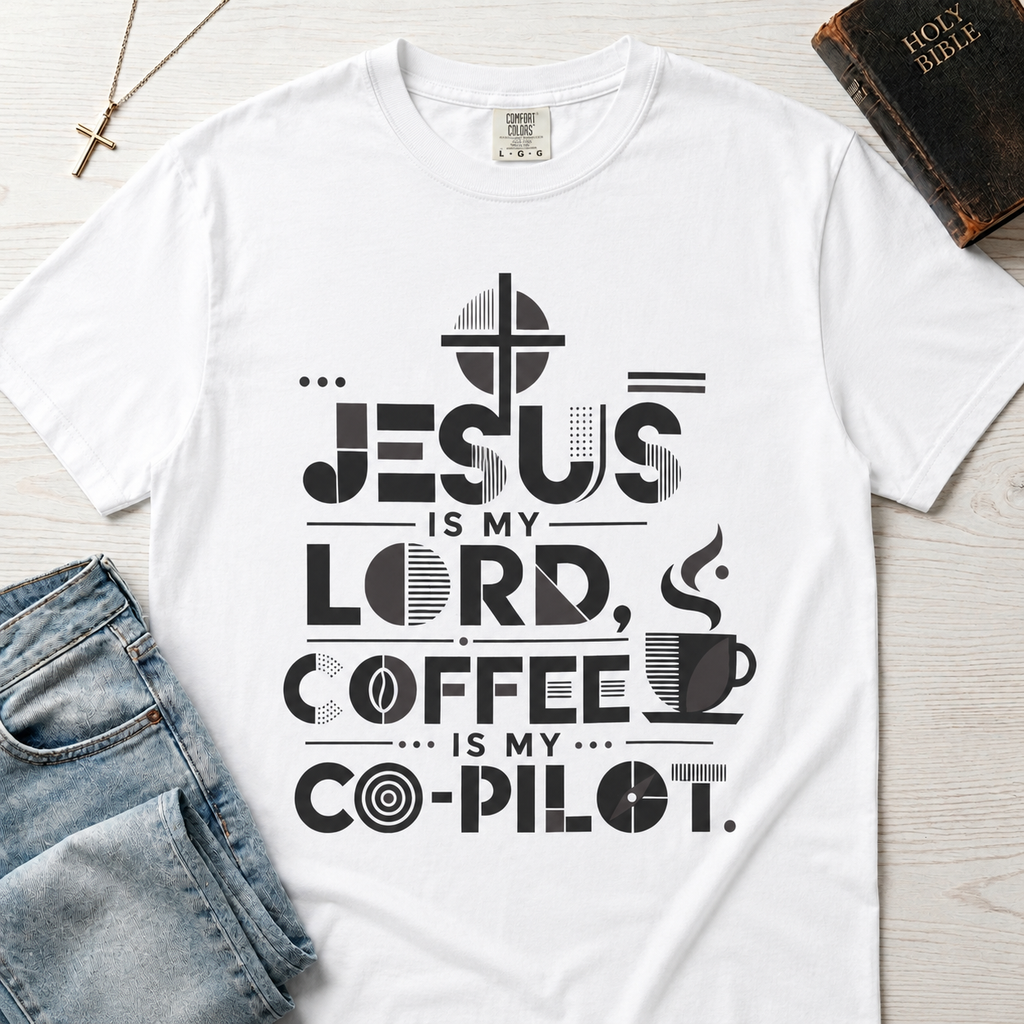 Jesus Is My Lord, Coffee Is My Co-Pilot Christian t-shirt in white, mid-century typography with coffee cup and cross, garment-dyed cotton tee flat lay.